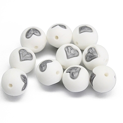 Серебро Круглые бусины из пищевого силикона с узором в виде сердечек, серебряные, 15 мм