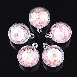 Pink Openable Transparent Plastic Container Pendants, with Shell and Sequins, Round, Pink, 36.5x30~30.5x30~30.5mm, Hole: 2.5mm