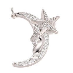 Платина Кубического циркония подвески, с реечным покрытием из латуни с покрытием из настоящего золота 18k, с прыжковых колец, долговечный, без свинца и без кадмия, Луна и звезды, платина, 29x23.5x7 мм, Перейти кольцо: 4.6x0.8 мм, 3 мм внутренним диаметром