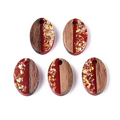 Темно-Красный Подвески из непрозрачной смолы и орехового дерева, овальные амулеты, с блестящей пудрой и золотой фольгой, темно-красный, 15~15.5x10x3~4 мм, отверстие : 1.8~2 мм