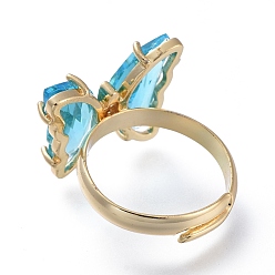 Sky Blue Adjustable Brass Glass Finger Rings, with Clear Cubic Zirconia, Butterfly, Golden, Sky Blue, Size 7, Inner Diameter: 17mm