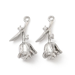 Платина Латунные микро проложить кубического циркония подвески, прелести цветка розы, платина, 20x12x6.5 мм, отверстие : 1.4 мм