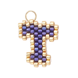 Letter T Бисер ручной работы миюки, ткацкий узор с буквами подвески, с 304 кольцами из нержавеющей стали, Письмо T, 16x14x2 мм, отверстие : 2.5 мм