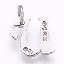 Letter U 304 Edelstahl Anhänger, mit Strass, Buchstabe, letter.u, 11x11.5x1.5 mm, Bohrung: 4 mm