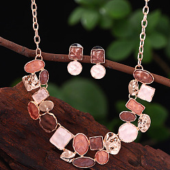 Сиена Комплекты из плоских круглых, овальных и квадратных ожерелий и серег-гвоздиков из цинкового сплава с эмалью, цвет охры, 420 мм