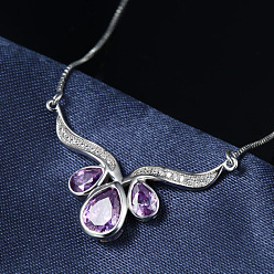 Фиолетовый 925 подвесные стерлингового серебра ожерелья, с фиолетовым цирконием, слеза, фиолетовые, 15.75 дюйм (40 см)