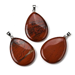 Красный Камень Природные красной яшмы подвески, Подвески в форме капли с 304 защелкивающимися креплениями из нержавеющей стали, цвет нержавеющей стали, 43.5~45x29.5~30.5x6~7.5 мм, отверстие : 7.5x4.5 мм