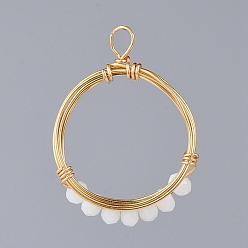 White Glass Pendants, Wire Wrapped Pendants, with Real 18K Gold Plated Copper Wire, Ring, White, 27x22x5mm, Hole: 2~3mm