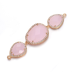 Pink Соединители звеньев латуни стеклянные, с микро проложить кубического циркония, слеза, золотые, розовые, 69~70x18.5x6 мм, отверстие : 1.2 мм