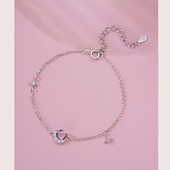 Бледно-Розовый S925 Браслеты с подвесками из стерлингового серебра с кубическим цирконием для женщин, луна и планета, серебряные, розовый жемчуг, 6-1/8 дюйм (15.5 см)