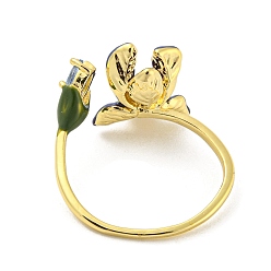 Настоящее золото 14K Открытые манжеты из латуни с цветочной эмалью, кольцо на палец из натурального жемчуга и стекла, реальный 14 k позолоченный, размер США 7 1/4 (17.5 мм)