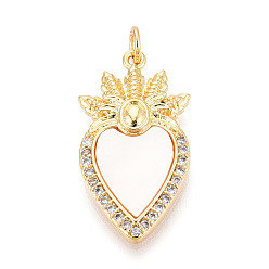 Настоящее золото 18K Латунные микропаве прозрачные подвески с фианитом, без кадмия и без свинца, с оболочкой, святое сердце, с целью перехода в кольце, реальный 18 k позолоченный, 28x14.5x3.5 мм, отверстие : 3 мм
