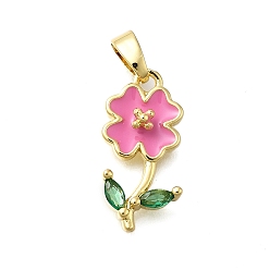 Бледно-фиолетовый Красный Латунные микро проложить кубического циркония подвески, с эмалью, долговечный, без свинца и без кадмия, цветочный шарм, реальный 18 k позолоченный, стойки покрытие, бледно-фиолетовый красный, 18x9x3.5 мм, отверстие : 4x2.5 мм