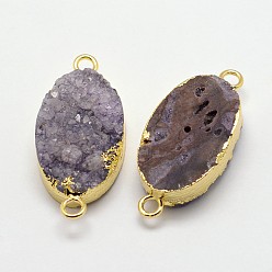 Средняя Орхидея Гальванические соединители с натуральными друзьями кварцевого кристалла, окрашенные, с латунной фурнитурой золотого цвета, овальные, средне орхидеи, 35~38x17~20x8~11 мм, отверстие : 2~3 мм