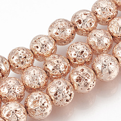 Rose Gold Plated Electroplated Natural Lava Rock Beads Strands, Round, Bumpy, Rose Gold Plated, 9mm, Hole: 1mm, about 47pcs/strand, 15.7 inch