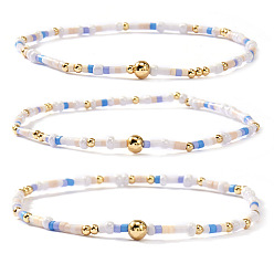 Cornflower Blue Boho Round Brass and Glass Seed Beaded Stretch Stackable Bracelet Sets, Golden, Cornflower Blue, 6.50 inch(16.5cm), 3pcs/set