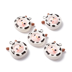 White Opaque Resin Pendants, with Platinum Tone Iron Loop, Cartoon Style, Cow, White, 23~23.5x21~21.5x7~7.5mm, Hole: 1.5mm