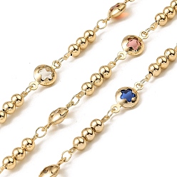 Light Gold Rack Plating Flat Round with Star Brass Link Chains, with Glass, Long-Lasting Plated, Soldered, with Spool, Light Gold, Flat Round with star: 7x13x3mm, Bar: 16.5x4mm, about 32.81 Feet(10m)/Roll