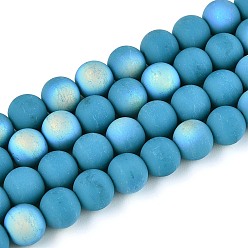 Темно-бирюзовый Матовые непрозрачные стеклянные бусы пряди, круглые, с половиным покрытием, с покрытием AB цвета, темные бирюзовый, 8~8.5 мм, отверстие : 1 мм, около 51~53 шт / нитка, 14.57~15.35 дюйм (37~39 см)