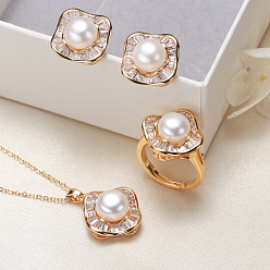Золотой Комплекты из латунных подвесок, серег и колец с микропаве из прозрачных кубических цирконий, с натуральным пресноводным жемчугом, золотые, 15x15 мм
