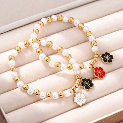 Цветок 201 браслеты из нержавеющей стали с круглыми бусинами, с 304 подвесками из нержавеющей стали и пластиковым искусственным жемчугом, цветок, внутренний диаметр: 1-7/8 дюйм(4.9см)подвеска: 14x12x1.5мм