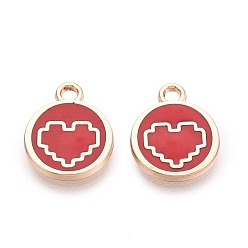 FireBrick Alloy Enamel Pendants, Rack Plating, Flat Round & Heart Charms, Golden, FireBrick, 13.5x11x1.5mm, Hole: 1.6mm