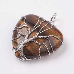 Тигровый глаз Натура тигровые глазные подвески, с латунной фурнитурой платинового цвета, сердце, 40x31x10 мм, отверстие : 5 мм