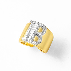 Letter B Латунные кольца-манжеты с микропаве из прозрачных кубических цирконий, буквы, золотые, В письме, 17 мм