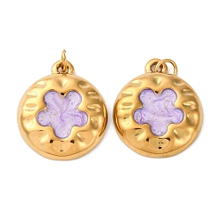 Средний Фиолетовый 304 нержавеющей стальной эмали подвески, с целью перехода в кольце, ионное покрытие (ip), плоская круглая с подвеской в виде цветка, реальный 18 k позолоченный, средне фиолетовый, 17.5x15x2.5 мм, отверстие : 2.5 мм