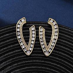 Настоящее золото 18K V-образные серьги-гвоздики из латуни с микропаве из прозрачных кубических цирконий, реальный 18 k позолоченный, 32.5x16 мм