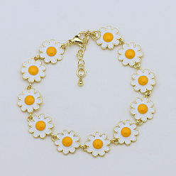 Flower Brass White Enamel Link Chain Bracelets for Women, Golden, Flower, 7.09 inch(18cm)