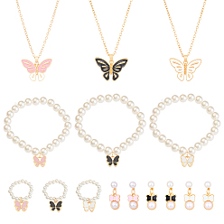 (52) Непрозрачная лаванда 3 комплект из ожерелий, подвесок, серег, колец и браслетов из искусственного жемчуга с цветными бабочками из железа и эмали для женщин, разноцветные, ожерелья: 17.3 дюйм (44см); браслет: 46мм; серьги: 24.5x10мм; кольцо: 18мм