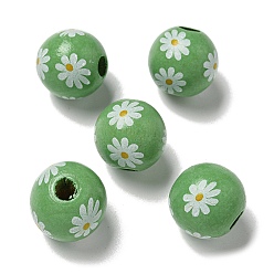 Темный Морско-зеленый Набивные деревянные европейские бусины, круглый с рисунком ромашки, темно-зеленый, 15.5~16 мм, отверстие : 4~4.5 мм
