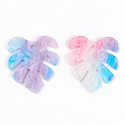 Colorful Acrylic Pendants, for DIY Earring Accessories, with Glitter Powder, Leaf, Colorful, 29.5x26x2mm, Hole: 1.6mm
