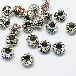 Mixed Color Alloy Rhinestone European Beads, Rondelle Large Hole Beads, Antique Silver, Mixed Color, 11x8mm, Hole: 6mm
