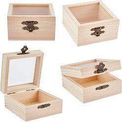 BurlyWood Square Unfinished Wooden Box, with Hinged Lid and Front Clasp, Clear Glass Window, BurlyWood, 9x8.5x4.8cm