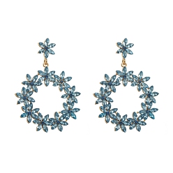 Aquamarine Alloy Rhinestone Stud Earrings, Flower, Aquamarine, 62x45mm