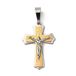Позолоченный и Цвет Нержавейки 304 подвески из нержавеющей стали, крестовые амулеты с Иисусом, вакуумное покрытие pvd, настоящее золото и нержавеющая сталь, 49x33x5 мм, отверстие : 12x6.5 мм