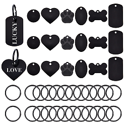Черный 24шт 6 стиль алюминиевые подвески, любимая бирка, с железными кольцами для ключей 24шт., прямоугольник и кость и плоский круглый, чёрные, 25~50x25~38x1 мм, отверстие : 3~3.5 мм, 4 шт / стиль