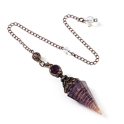 Аметист Шестиугольные заостренные биолокационные маятники из натурального аметиста и смолы, конус, Красная медь, 250 мм