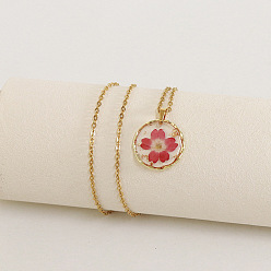 Индийский Красный Ожерелья с плоским круглым кулоном из сплава и пластика с внутренним цветком, золотые, Индийская красная, 17.72 дюйм (45 см)