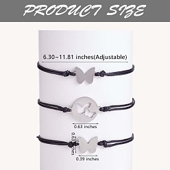 Couleur Acier Inoxydable 3 pcs 3 style 430 ensemble de bracelets à maillons papillon en acier inoxydable, assortir des bracelets réglables pour les meilleurs amis couple famille, couleur inox, 6-1/4~11-3/4 pouce (16~30 cm), 1 pc / style