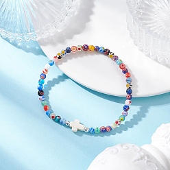 Разноцветный Браслеты из круглых бусин миллефиори ручной работы и синтетических бирюзовых бусин, окрашенных распылением, круглый и крест, красочный, внутренний диаметр: 2-1/4 дюйм (5.6 см)