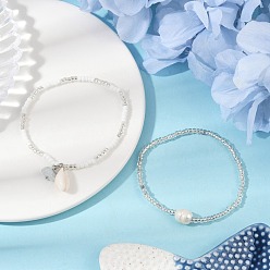 Белый Стеклянные бусины эластичные браслеты для женщин, с натуральным культивированным пресноводным жемчугом и бусинами из ракушек, формы раковины, белые, внутренний диаметр: 2-3/8~2-1/2 дюйм (6~6.5 см), 2 шт / комплект