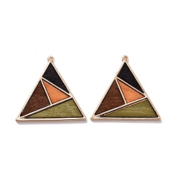 Colorful Dyed Wood Pendants, with Light Gold Plated Alloy Findings, Triangle with Geometric Pattern, Colorful, 38x40x3mm, Hole: 1.4mm