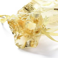 Champagne Yellow Organza Drawstring Jewelry Pouches, Wedding Party Gift Bags, Rectangle with Gold Stamping Rose Pattern, Champagne Yellow, 15x10x0.11cm