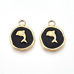 Черный 304 подвески из нержавеющей стали, с эмалью, плоский круглый с подвесками в виде дельфинов, ионное покрытие (ip), реальный 18 k позолоченный, чёрные, 16.5x13x2 мм, отверстие : 2.5 мм