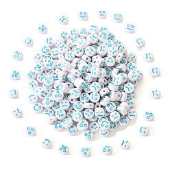 Turquoise White Opaque Acrylic Beads, Flat Round with Expression, Turquoise, 7x4mm, Hole: 1.6mm, 200pcs/set