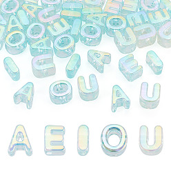 Bleu Ciel 50 pcs 5 styles placage uv perles acryliques irisées arc-en-ciel, perles initiales, lettre aeiou, bleu ciel, 20.5~21x8.5~18x13.5~14mm, Trou: 6mm, 10 pcs / style