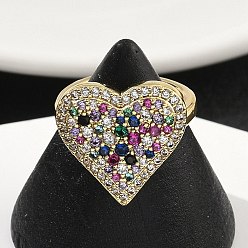 Разноцветный Кольца-манжеты в форме сердца из латуни с микропаве из кубического циркония для женщин, без кадмия и без свинца, стойки покрытие, реальный 18 k позолоченный, красочный, 15.4~16.8 мм